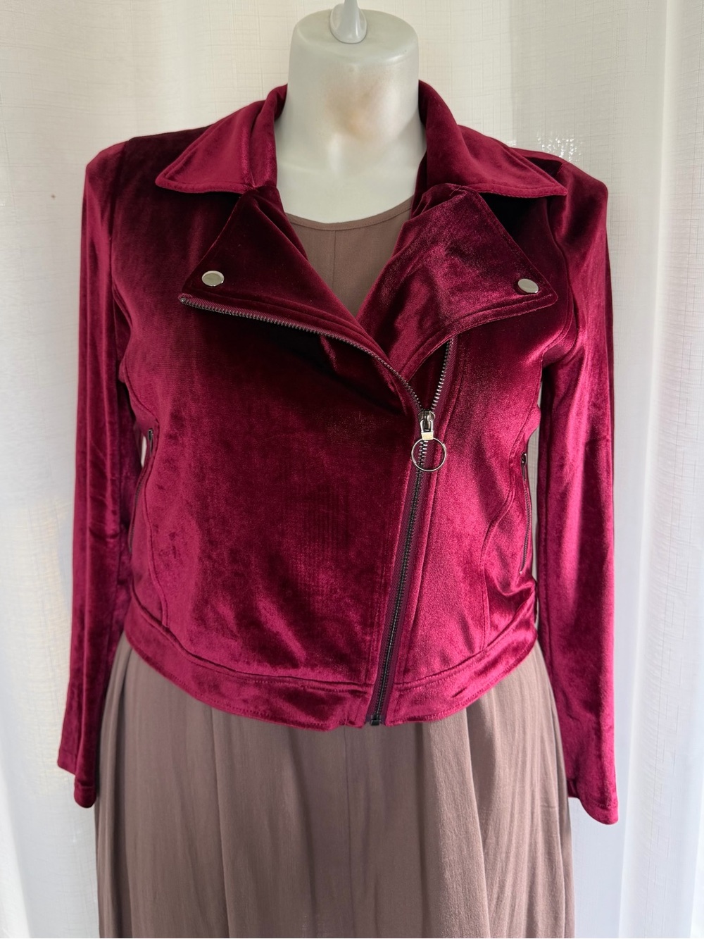 Allegra K Burgundy Velvet Moto Jacket Size L NWT